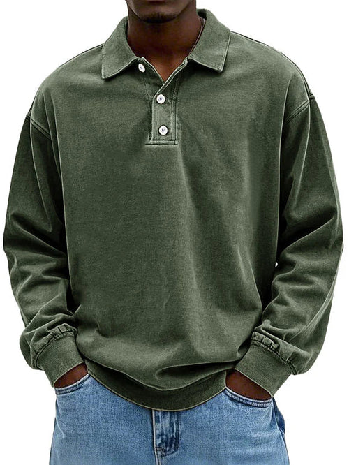 Polo Sweatshirt - Collared - Washed - Oversized Pullover - Men's Clothing-Polo Sweatshirt-Chaps of London-Dark Green-S-Chaps of London