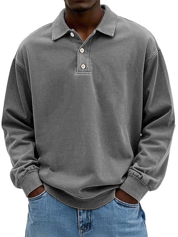 Polo Sweatshirt - Collared - Washed - Oversized Pullover - Men's Clothing-Polo Sweatshirt-Chaps of London-Gray-S-Chaps of London