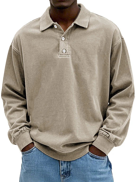 Polo Sweatshirt - Collared - Washed - Oversized Pullover - Men's Clothing-Polo Sweatshirt-Chaps of London-Khaki-S-Chaps of London
