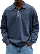 Polo Sweatshirt - Collared - Washed - Oversized Pullover - Men's Clothing-Polo Sweatshirt-Chaps of London-Navy Blue-S-Chaps of London