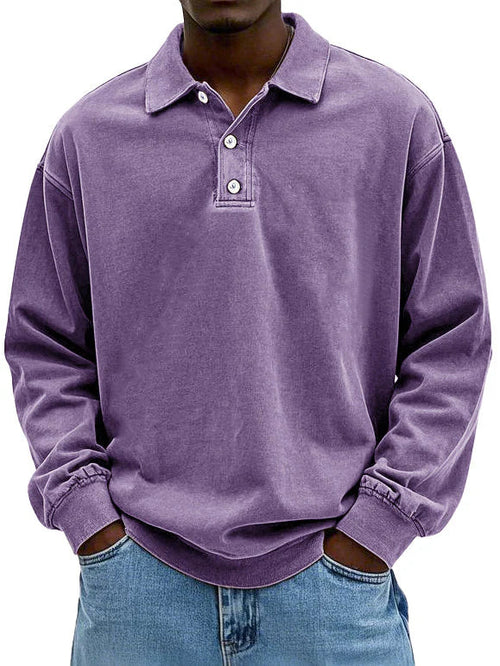 Polo Sweatshirt - Collared - Washed - Oversized Pullover - Men's Clothing-Polo Sweatshirt-Chaps of London-Purple-S-Chaps of London