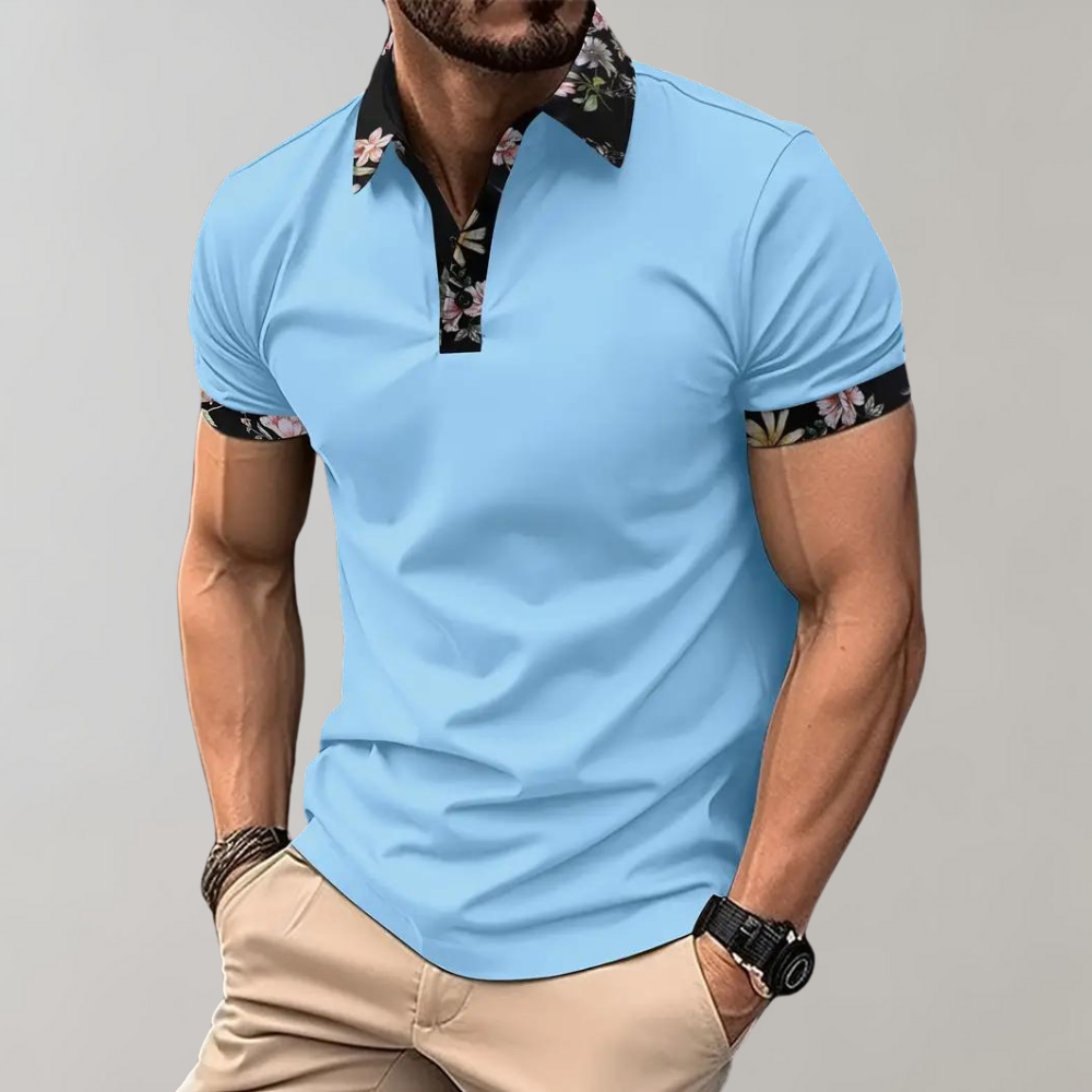 Polo T-Shirt | Floral Print | Short Sleeve | Polo Shirts | Men's Clothing-Men Summer Shirt-Chaps of London-Sky Blue-S-Chaps of London