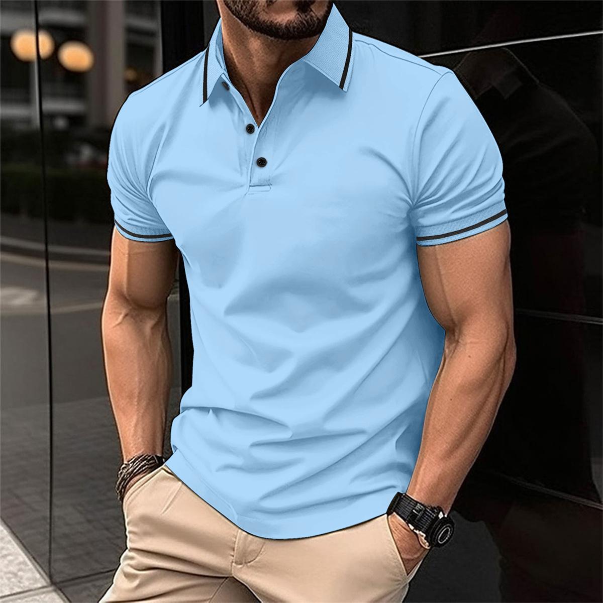 Polo T-Shirt - Men's Button-Up Collared Short Sleeve Polo Shirt-Men Shirts-Chaps of London-Light Blue-S-Chaps of London