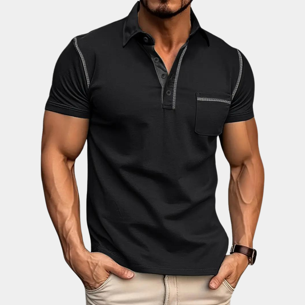 Polo T-Shirt - Men's Short Sleeve Button-Up Polo Shirt with Breast Pocket-Chaps of London-Black-S-Chaps of London