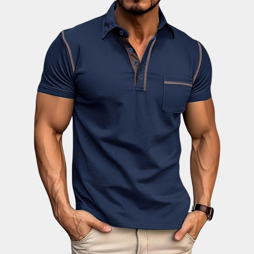 Polo T-Shirt - Men's Short Sleeve Button-Up Polo Shirt with Breast Pocket-Chaps of London-Navy Blue-S-Chaps of London