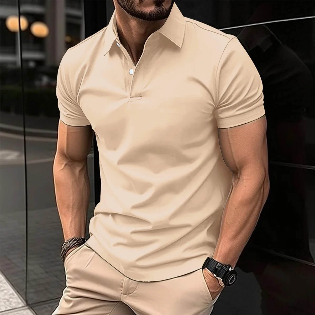 Polo T-Shirt - Men's Short Sleeve Turn Down Collar Button-Up Polo Shirt-Men's short sleeve top-Chaps of London-Khaki-S-Chaps of London