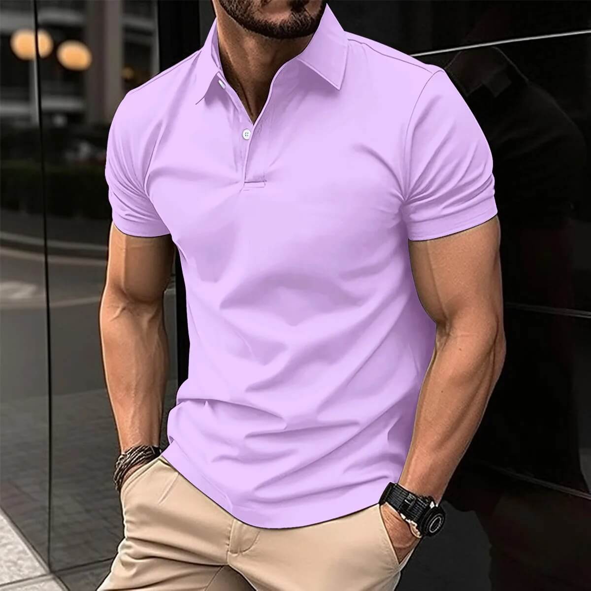 Polo T-Shirt - Men's Short Sleeve Turn Down Collar Button-Up Polo Shirt-Men's short sleeve top-Chaps of London-Light Purple-S-Chaps of London