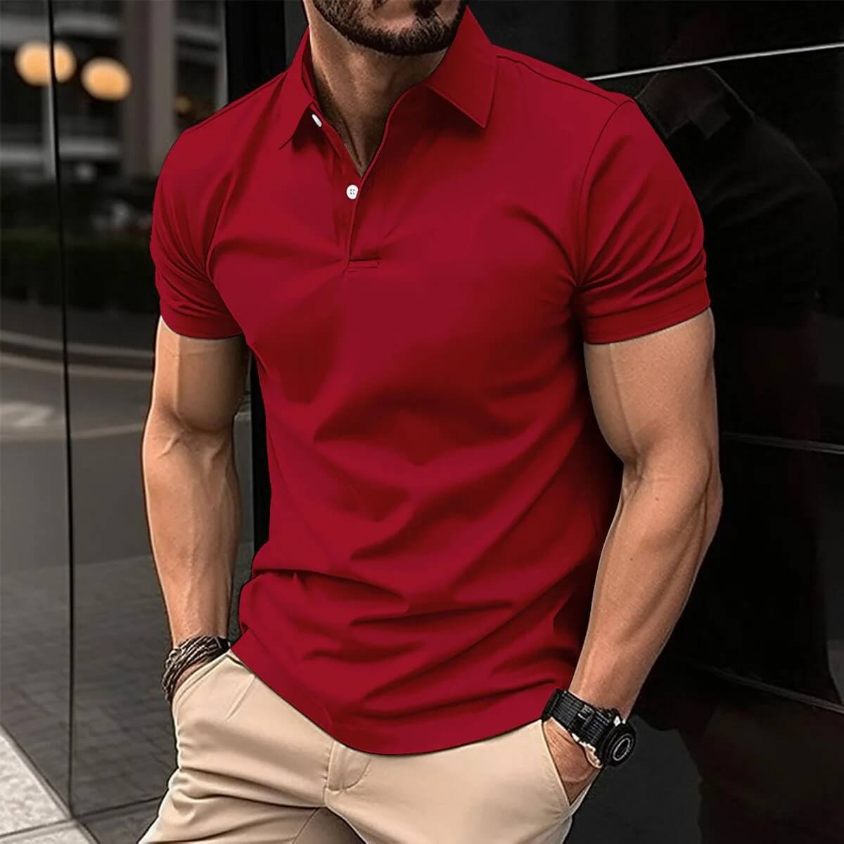 Polo T-Shirt - Men's Short Sleeve Turn Down Collar Button-Up Polo Shirt-Men's short sleeve top-Chaps of London-Red-S-Chaps of London