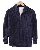 Quarter Zip Jumper - Cable Knit - Half Zip - Knitted Sweater - Men's Quarter Zip Sweaters-Strickwaren-Chaps of London-Navy Blue-XS-Chaps of London