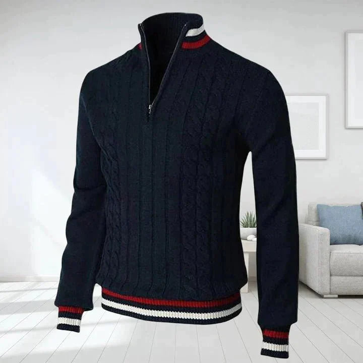 Quarter Zip Jumper - Cable Knit - High Neck - Knitted Sweater - Men's Half Zip Pullover-Sweaters-Chaps of London-Dark Blue-S-Chaps of London