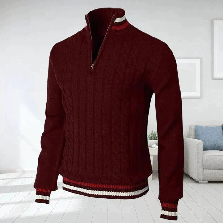 Quarter Zip Jumper - Cable Knit - High Neck - Knitted Sweater - Men's Half Zip Pullover-Sweaters-Chaps of London-Red-S-Chaps of London