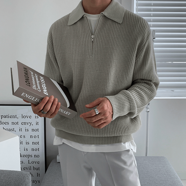 Quarter Zip Jumper | Collared | Half Zip | Knitted Sweater | Men's Knitwear-Chaps of London-Gray-S-Chaps of London
