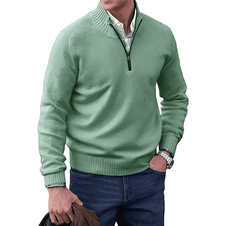 Quarter Zip Jumper - Long Sleeve - Knitted - Cashmere Sweater - Men's Half Zip Sweater-Sweaters-Chaps of London-Green-S-Chaps of London