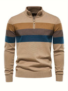 Quarter Zip Jumper - Men's Half Zip Knitted Pullover Sweater-Quarter Zip Sweater-Chaps of London-Khaki-S-Chaps of London