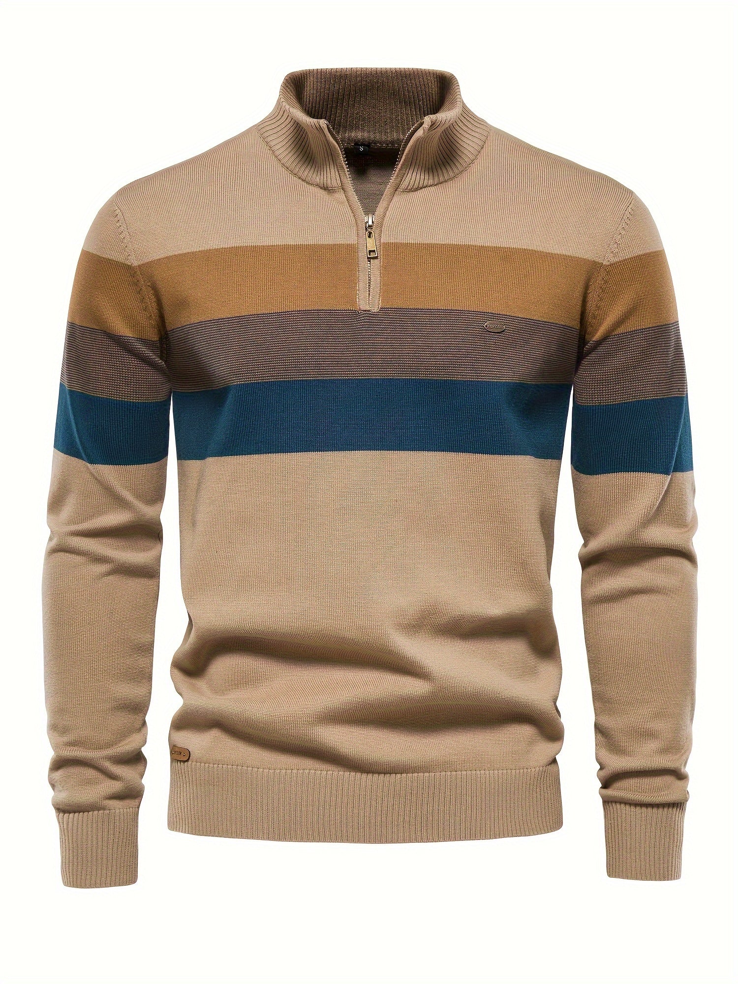 Quarter Zip Jumper - Men's Half Zip Knitted Pullover Sweater-Quarter Zip Sweater-Chaps of London-Khaki-S-Chaps of London