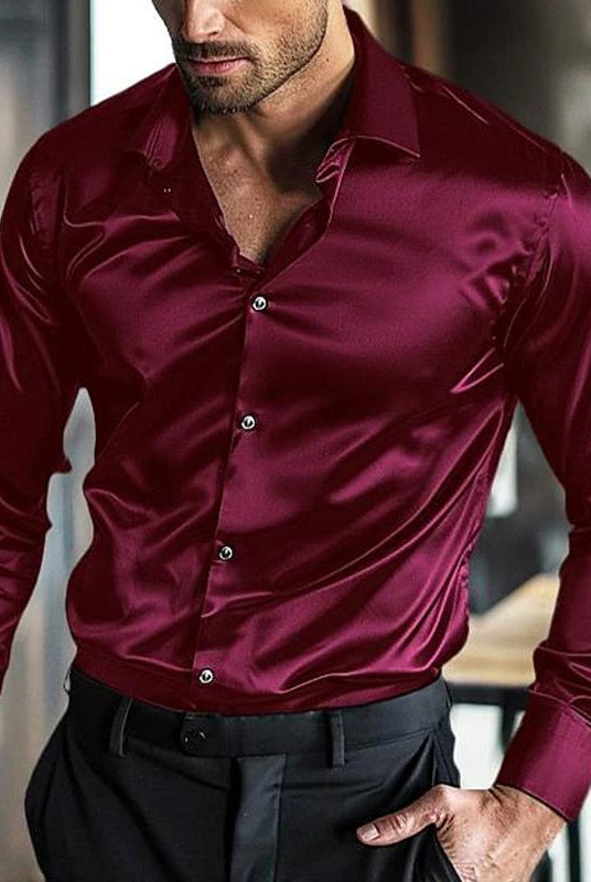 Satin Shirt - Men's Shiny Long Sleeve Button-Up Non Iron Shirt-Shirts & Tops-Chaps of London-Chaps of London