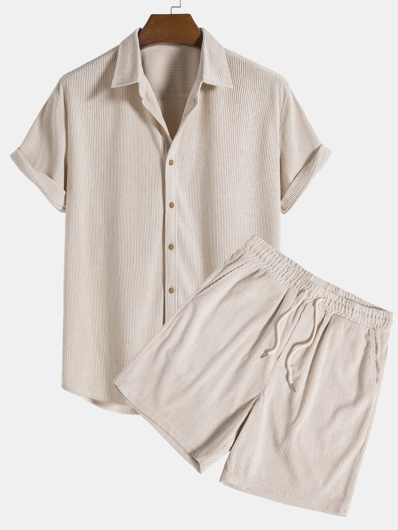 Shirt and Shorts Set - Men's Short Sleeve Button-Up Two-Piece Set-Two piece set-Chaps of London-Beige-S-Chaps of London