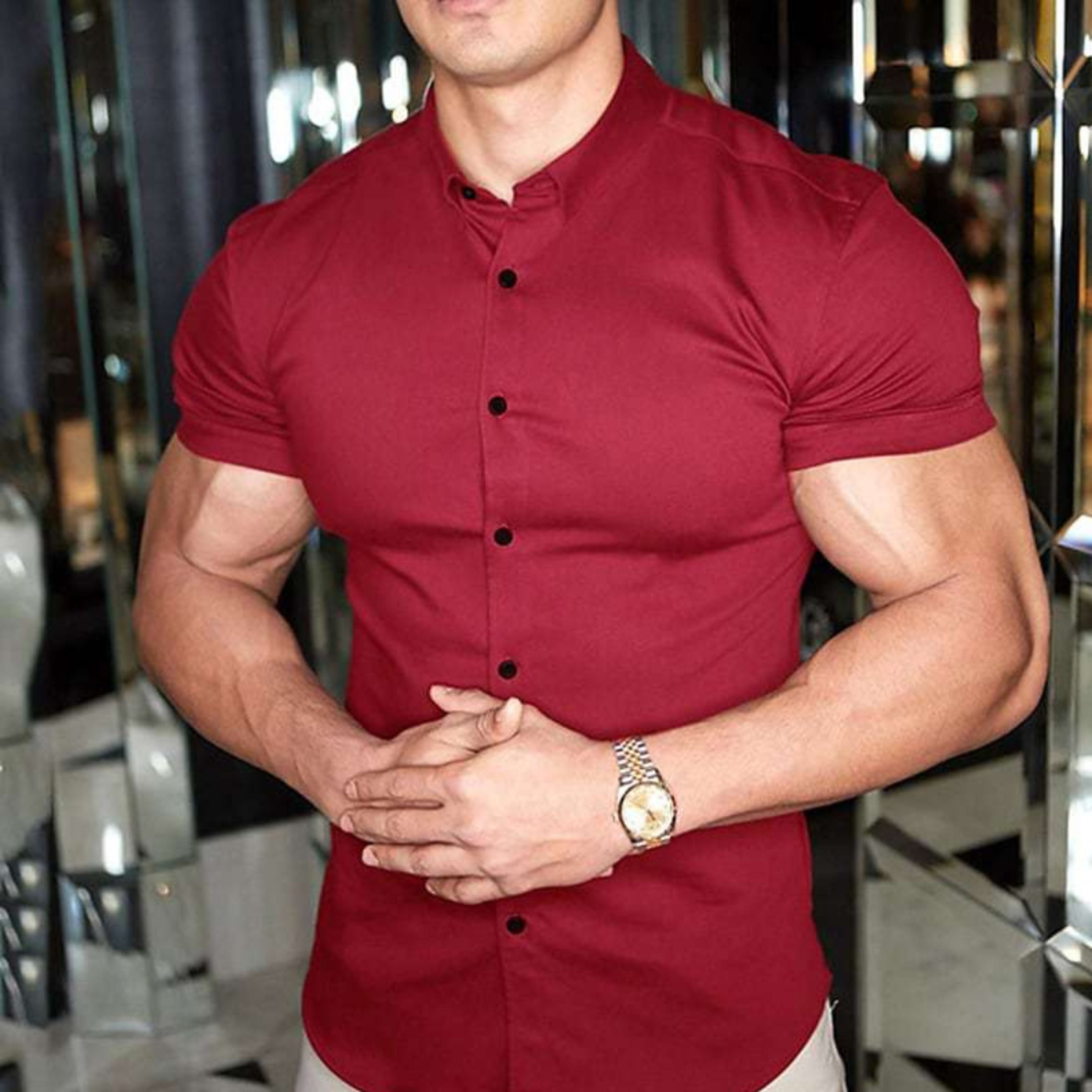 Short Sleeve Dress Shirt - Button-Up - Collared - Short Sleeve Shirt - Men's Shirts-Shirt-Chaps of London-Red-M-Chaps of London