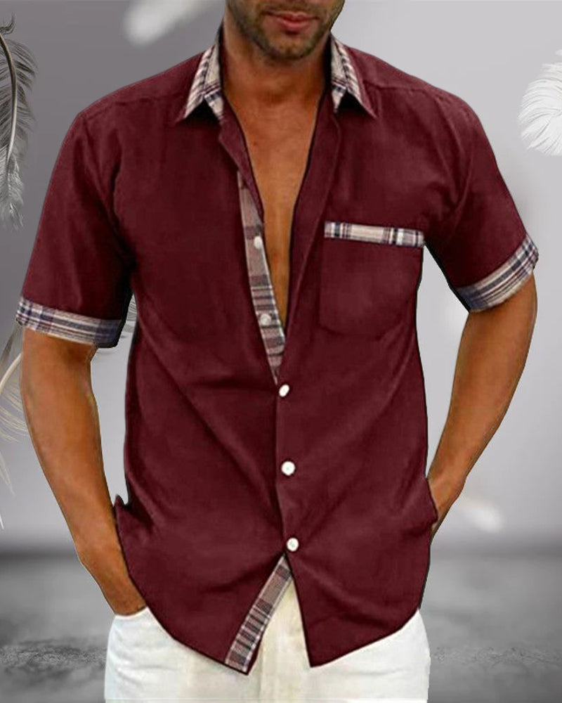 Short Sleeve Shirt - Men's Casual Turndown Collar Button-Up Shirt-Blouses & Shirts man-Chaps of London-Burgundy-S-Chaps of London