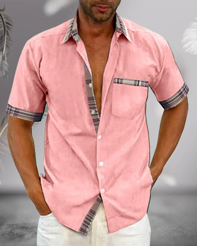 Short Sleeve Shirt - Men's Casual Turndown Collar Button-Up Shirt-Blouses & Shirts man-Chaps of London-Pink-S-Chaps of London
