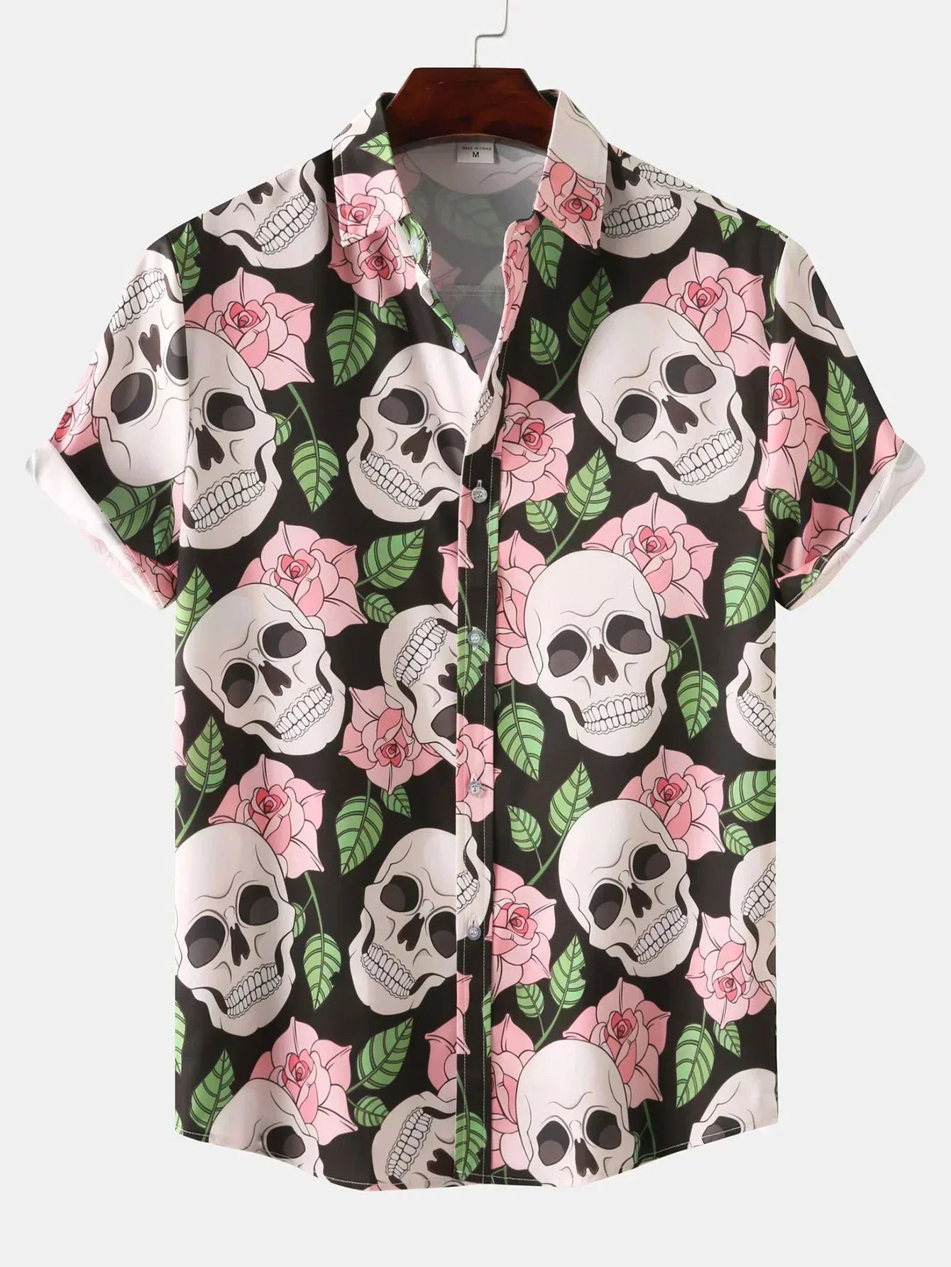 Short Sleeve Shirt - Skull Print - Collared - Button-Up Shirt - Men's Clothing-Men's short sleeve top-Chaps of London-Pink-M-Chaps of London