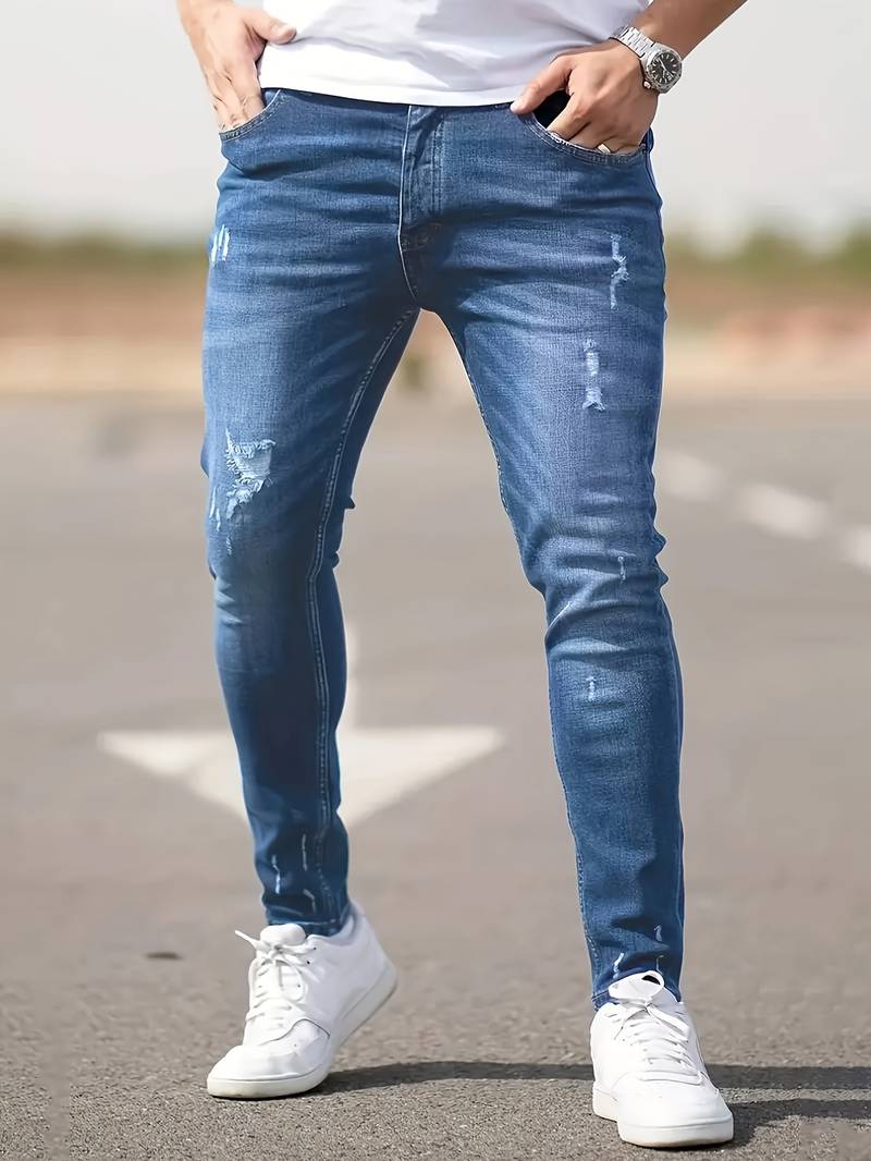 Skinny Jeans - Blue - Slim Fit - Ripped Jeans - Men's Jeans-jeans, Skinny jeans-Chaps of London-Chaps of London
