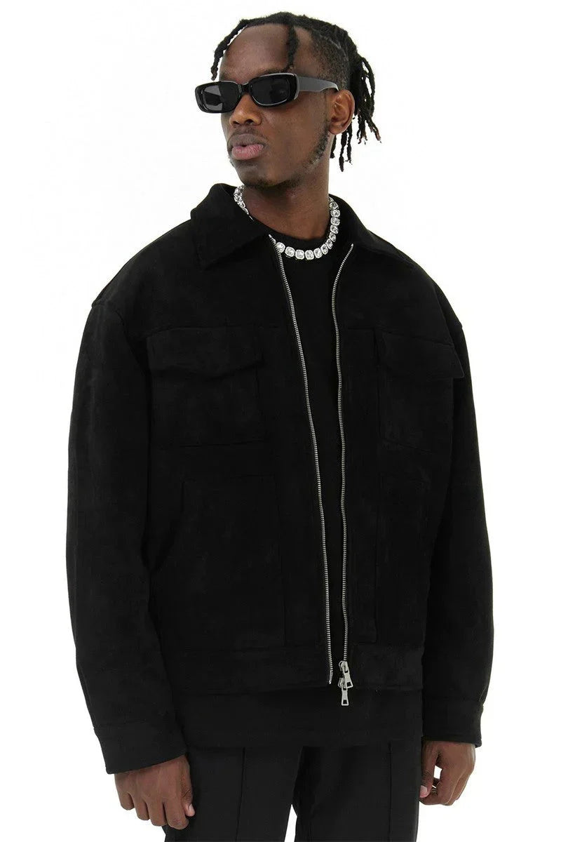 Suede Jacket - Men's Zip-Up Leather Jacket with Pockets-Men Jackets-Chaps of London-Chaps of London
