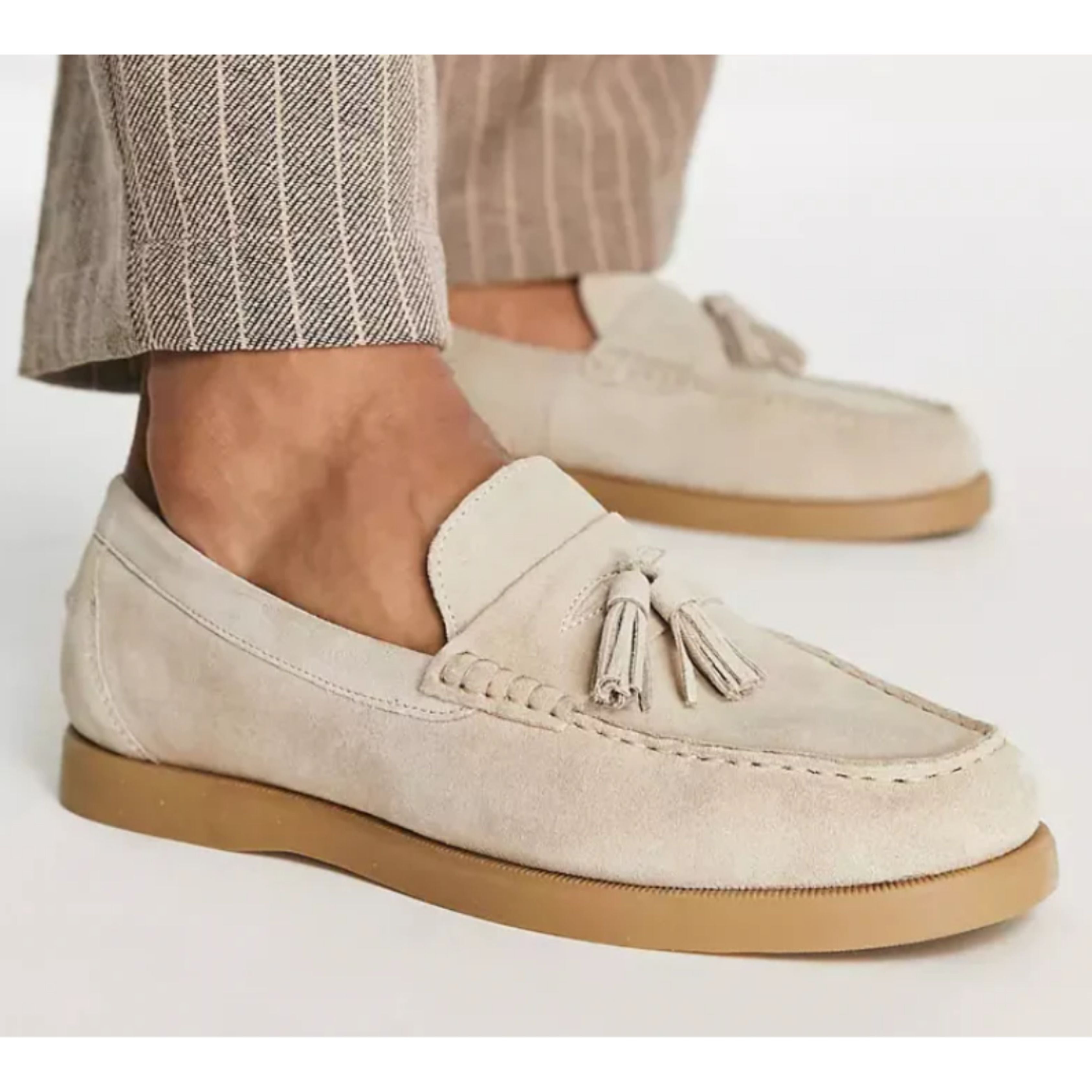 Suede Loafers - Men's Non Slip Beige Tassel Loafer Shoes-Loafers-Chaps of London-Chaps of London