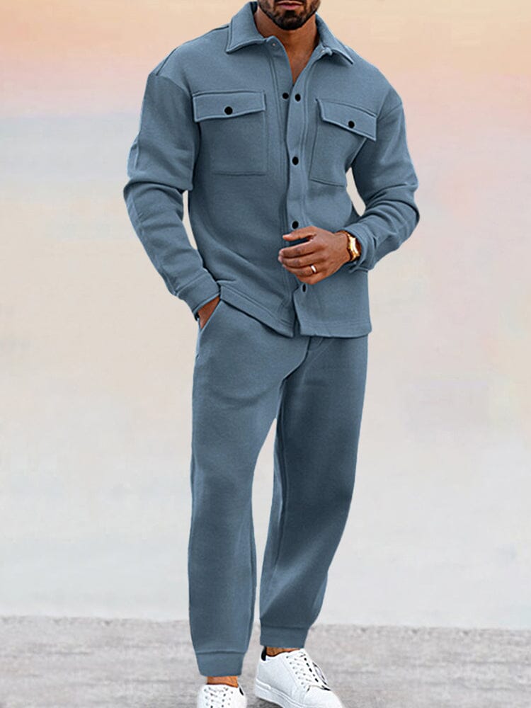 Two-Piece Set | Button-Up | Joggers | Co-Ord Set | Men's Clothing-Sets-Chaps of London-Blue-S-Chaps of London