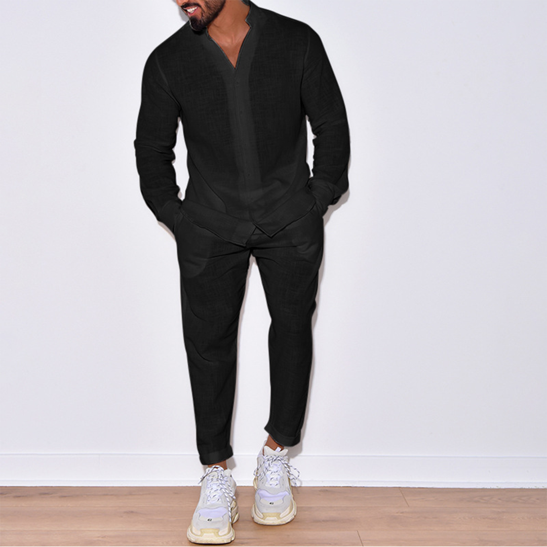 Two-Piece Set | Long Sleeve | Button-Up | Linen Clothes | Men's Co-Ord Set-Casual Set-Chaps of London-Black-S-Chaps of London