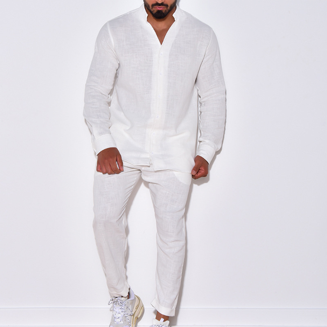 Two-Piece Set | Long Sleeve | Button-Up | Linen Clothes | Men's Co-Ord Set-Casual Set-Chaps of London-White-S-Chaps of London
