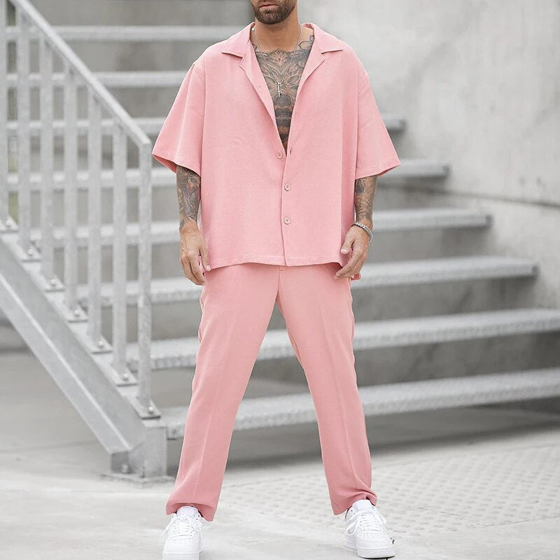 Two-Piece Set | Pink | Short Sleeve | Pants and Shirt Set | Men's Co-Ord Set-Chaps of London-Chaps of London