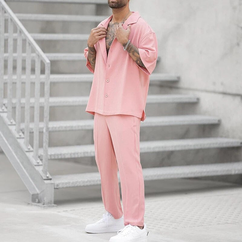 Two-Piece Set | Pink | Short Sleeve | Pants and Shirt Set | Men's Co-Ord Set-Chaps of London-Chaps of London