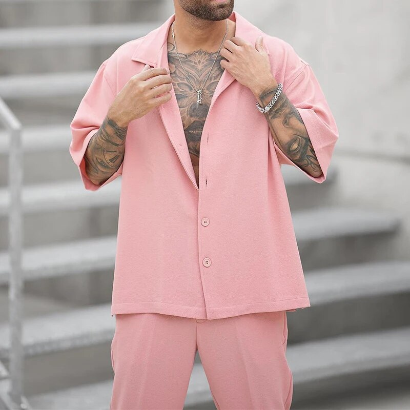 Two-Piece Set | Pink | Short Sleeve | Pants and Shirt Set | Men's Co-Ord Set-Chaps of London-Chaps of London