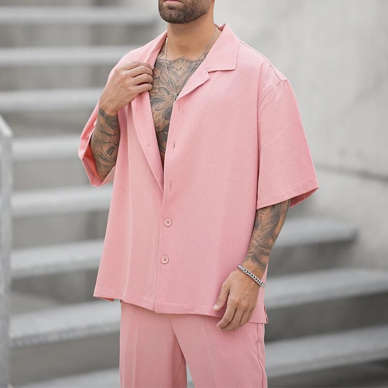 Two-Piece Set | Pink | Short Sleeve | Pants and Shirt Set | Men's Co-Ord Set-Chaps of London-Chaps of London