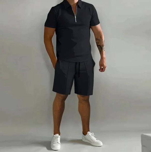 Two-Piece Set | Short Sleeve | Polo Shirt | Shorts and Shirt Set | Men's Clothing-Chaps of London-Black-S-Chaps of London