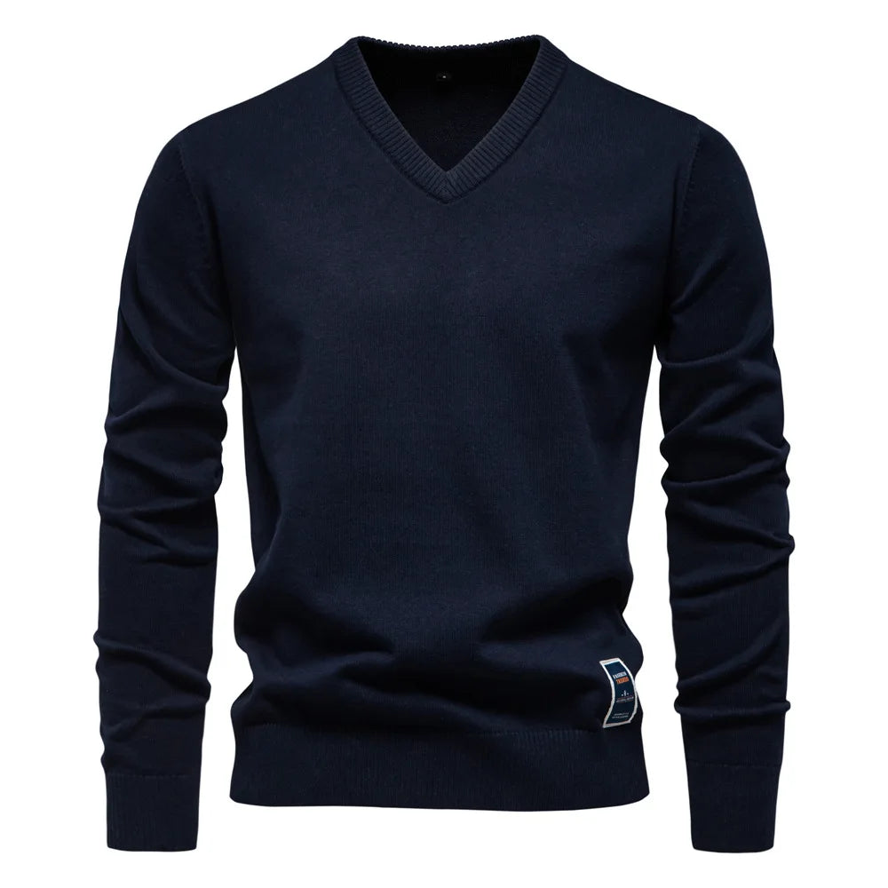 V-Neck Jumper - Men's Classic Casual Long Sleeve Knitted Sweater -Trui man-Chaps of London-Navy Blue-S-Chaps of London