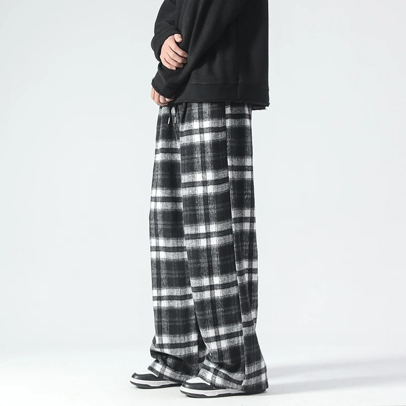 Wide Leg Pants - Plaid - Relaxed Fit - Loose Fit Pants - Men's Pants-Men's long pants-Chaps of London-Black-S-Chaps of London