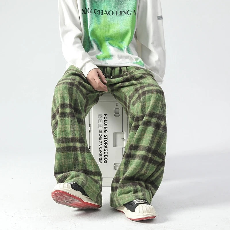 Wide Leg Pants - Plaid - Relaxed Fit - Loose Fit Pants - Men's Pants-Men's long pants-Chaps of London-Green-S-Chaps of London
