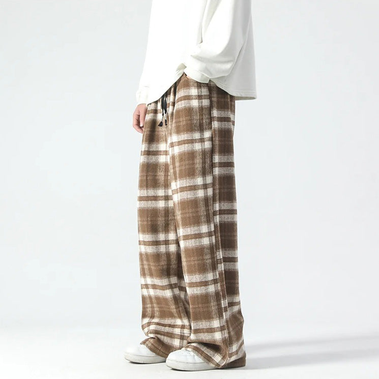 Wide Leg Pants - Plaid - Relaxed Fit - Loose Fit Pants - Men's Pants-Men's long pants-Chaps of London-Khaki-S-Chaps of London