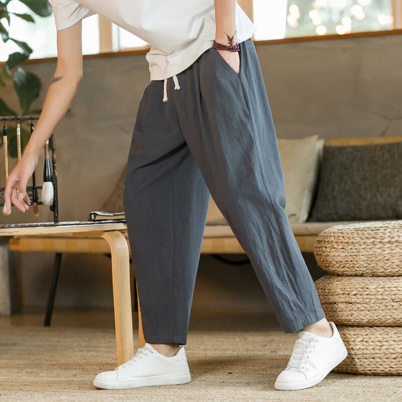 Baggy Pants - Drawstring - Loose Fit - Linen Pants - Men's Pants-Chaps of London-Dark Grey-M-Chaps of London
