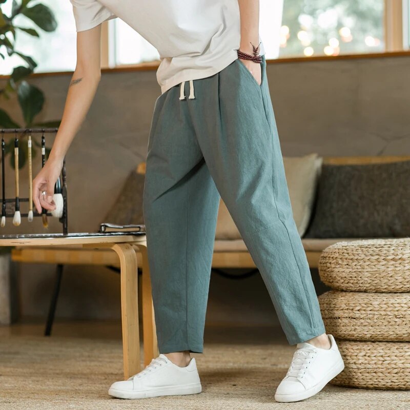 Baggy Pants - Drawstring - Loose Fit - Linen Pants - Men's Pants-Chaps of London-Green-M-Chaps of London