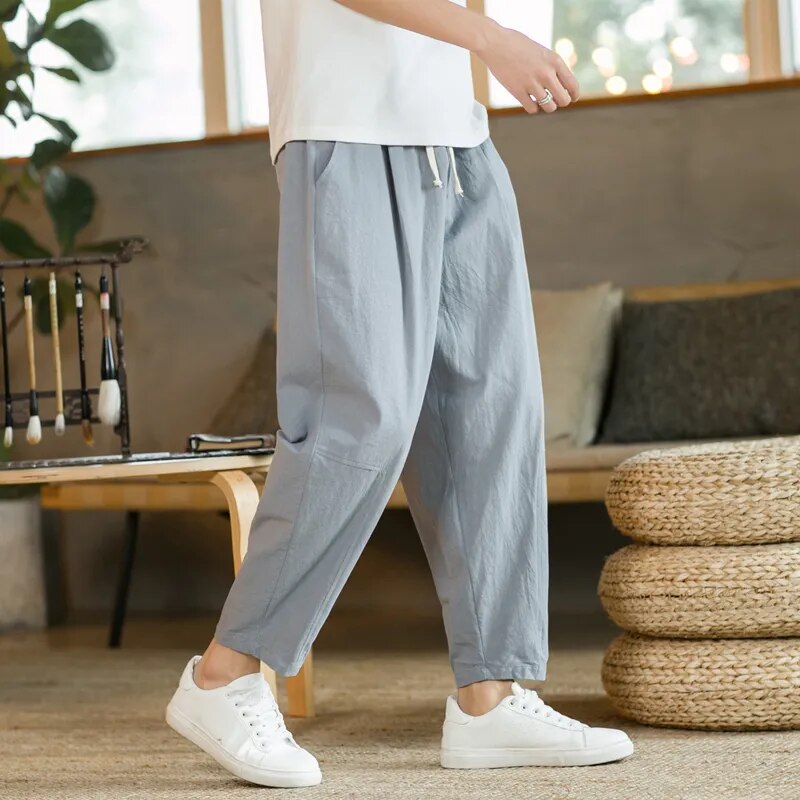 Baggy Pants - Drawstring - Loose Fit - Linen Pants - Men's Pants-Chaps of London-Grey-M-Chaps of London