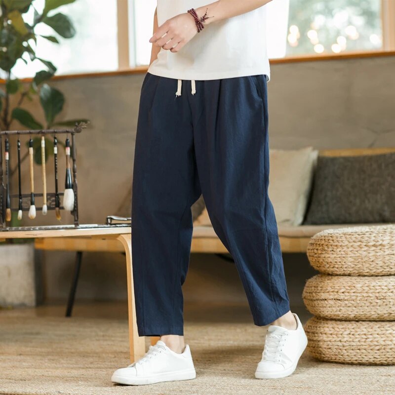 Baggy Pants - Drawstring - Loose Fit - Linen Pants - Men's Pants-Chaps of London-Navy Blue-M-Chaps of London
