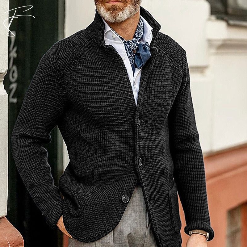 Button-Up Cardigan - Knitted - Pockets - Chunky Knit Cardigan - Men's Cardigan-Chaps of London-Black-S-Chaps of London