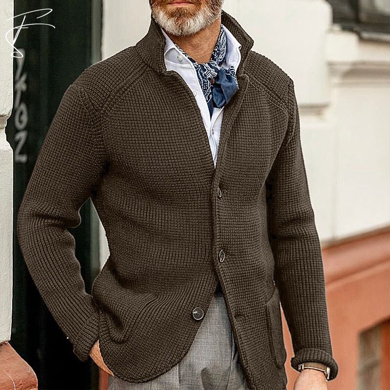 Button-Up Cardigan - Knitted - Pockets - Chunky Knit Cardigan - Men's Cardigan-Chaps of London-Dark Brown-S-Chaps of London