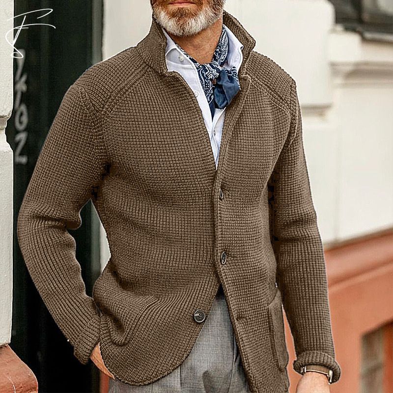 Button-Up Cardigan - Knitted - Pockets - Chunky Knit Cardigan - Men's Cardigan-Chaps of London-Light Brown-S-Chaps of London