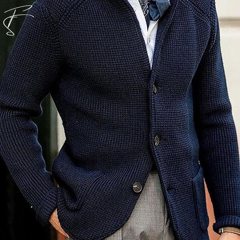 Button-Up Cardigan - Knitted - Pockets - Chunky Knit Cardigan - Men's Cardigan-Chaps of London-Marine Blue-S-Chaps of London