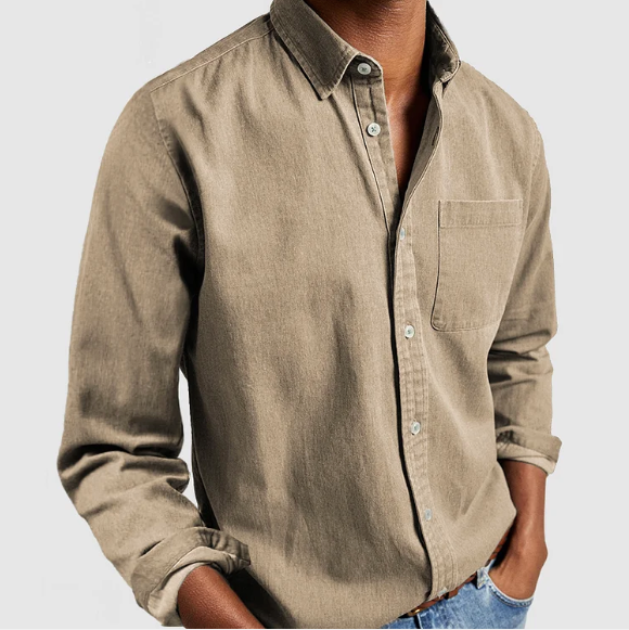 Button-Up Shirt - Collared - Cotton - Long Sleeve Shirt - Men's Shirt-Chaps of London-Khaki-S-Chaps of London