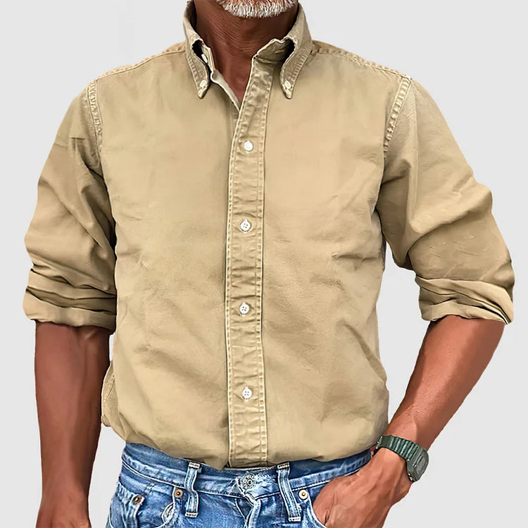 Button-Up Shirt - Long Sleeve - Collared - Denim Shirt - Men's Clothing-Men Shirt-Chaps of London-Khaki-S-Chaps of London